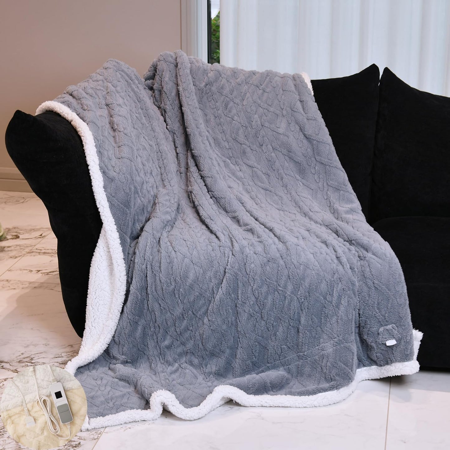 MERRYLIFE Heated Blanket Cozy Soft Electric Blanket with 4 Heating Levels&8 Hours Auto Off Overheat Protection Machine Washable UL&FCC Certification Use for Home Couch (Grey Blue,50" 60")