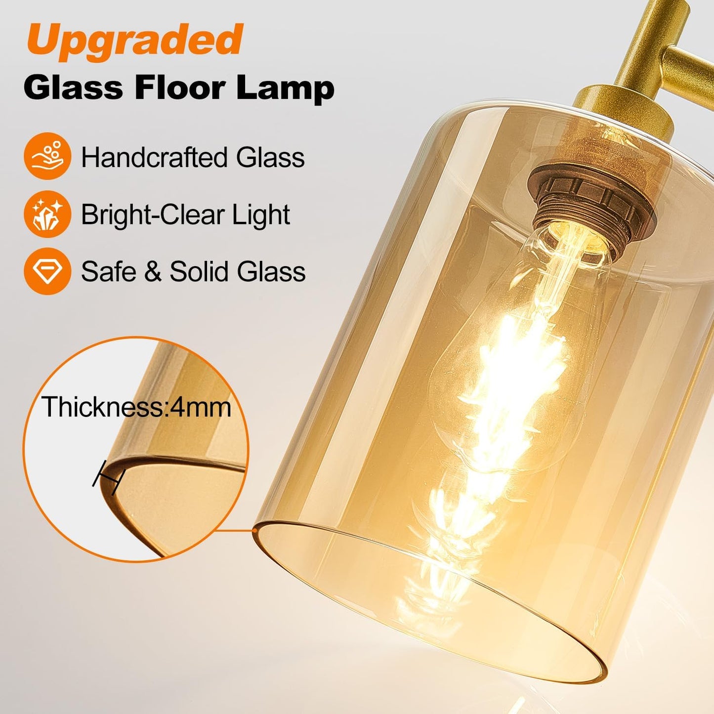 【Upgraded】Gold Dimmable Floor Lamp for Living Room with Amber Glass Lampshade, Glass Modern Floor Lamp with 900LM Bulb Included, Bright Standing Tall Lamp for Bedroom, Office, Reading Room, Corner