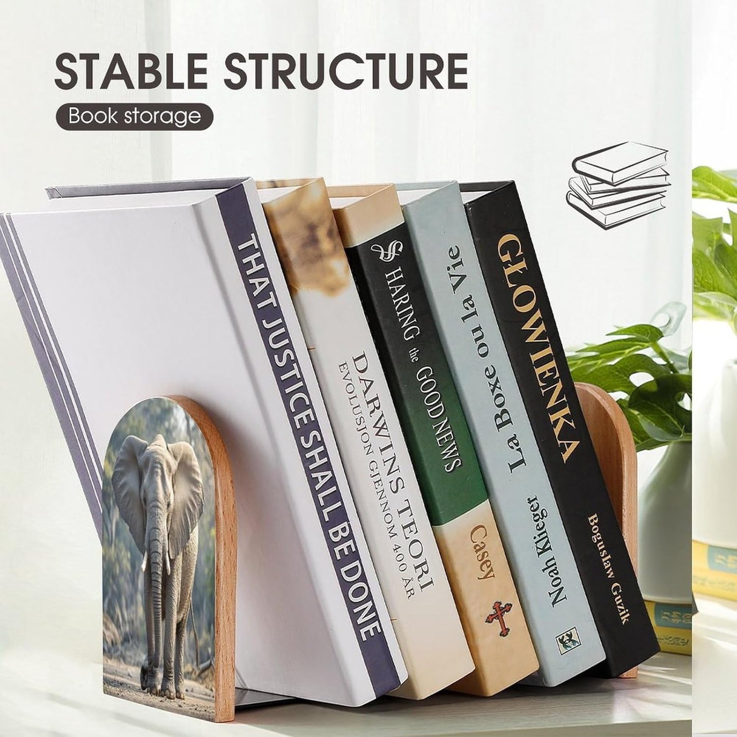 Elephant Bookends 1 Pair Heavy Duty Book Ends for Shelves Non-Skid Bookend Supports Wooden Book Holders with Metal Base Desk Organizers Books Storage to Hold Books