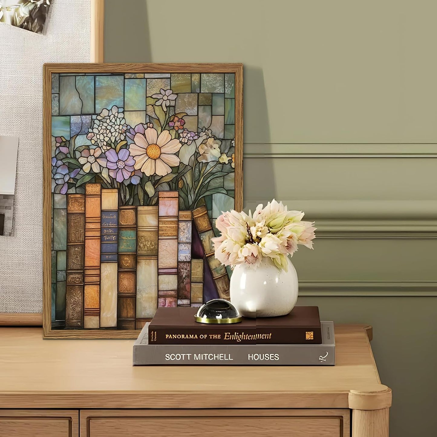 YYNISPIN Vintage Book Wildflower Wall Art Moody Stained Glass Book Lover Wall Decor Painting, Whimsical Reading Nook Library Poster Canvas Prints for Cottage Bedroom Living Room 12x16 inch Frame