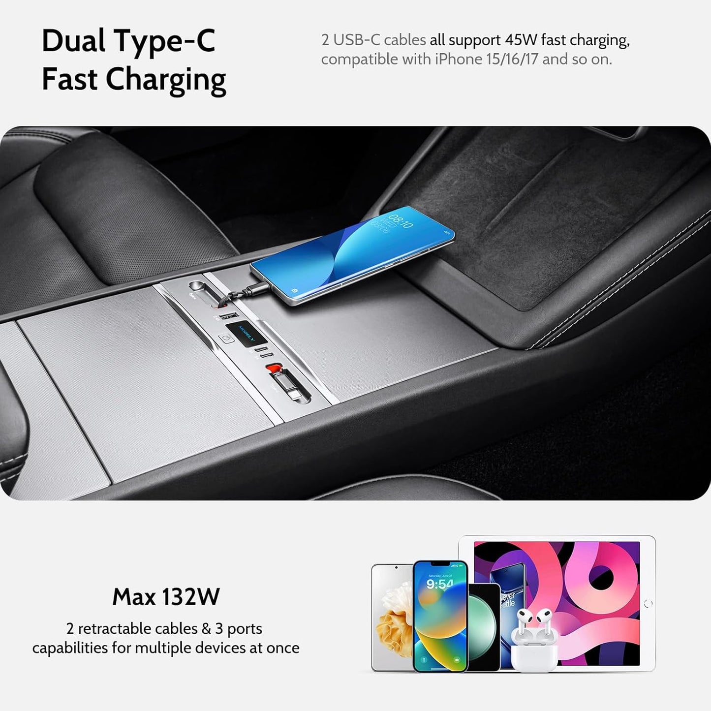 Max 132W Dual Type-C USB Hub, Tesla New Model Y Juniper (2026/2025) Accessories, 5 in 1 Fast Charger for iPhone 16/15 Series, 2-Retractable Cable & 3-Port Docking Station