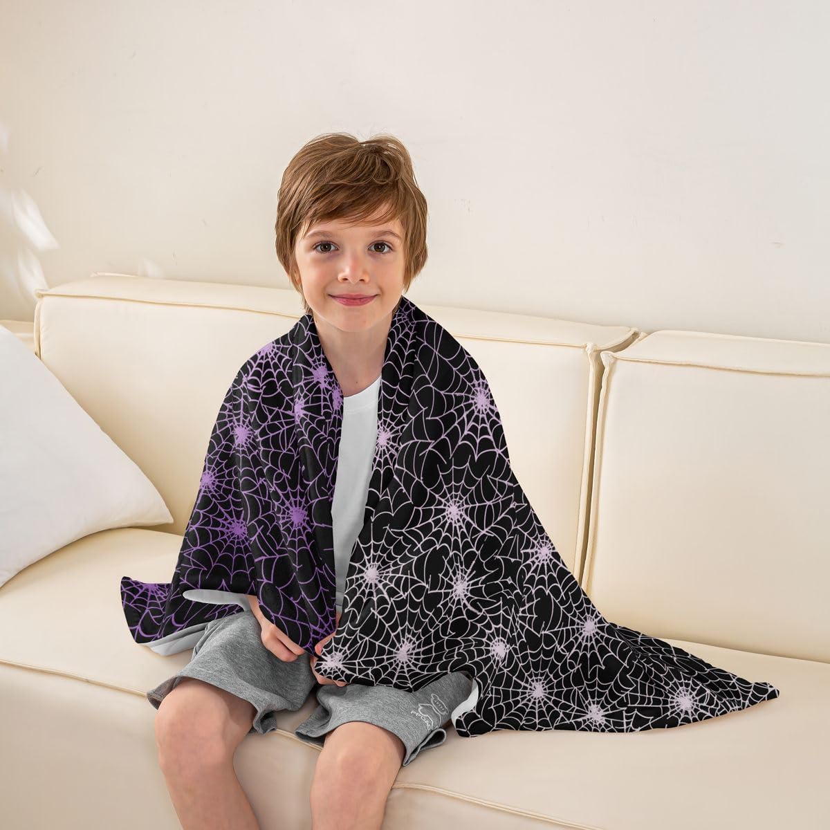 Spider Web Queen Inch Halloween Throw Fleece Blanket Geometric Stripes Lines Fuzzy for Adults, Purple Ombre Microfiber Bedroom Decor, Black White