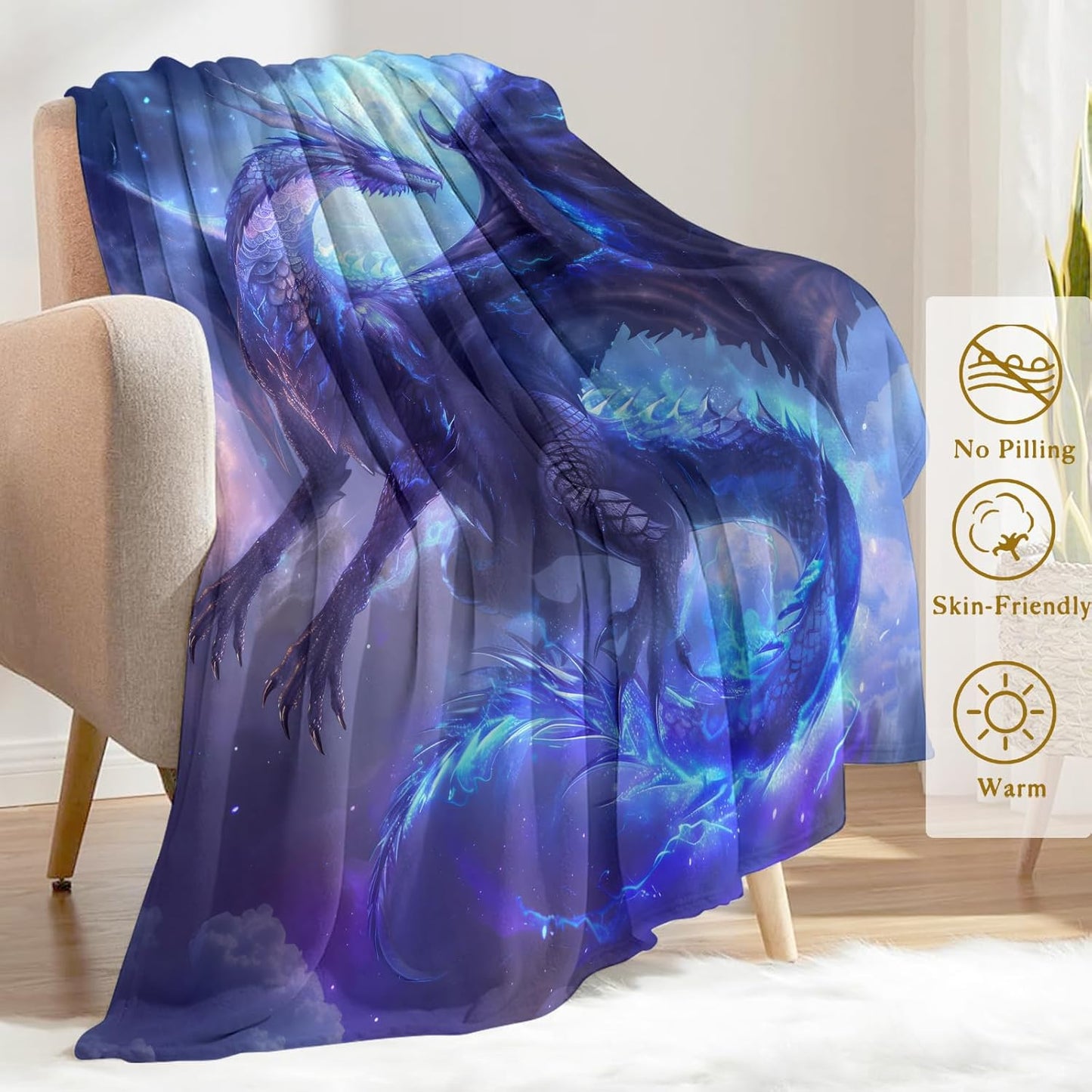 Mystical Dragon Fleece Blanket,Blue Fantasy Epic Magical Style Blankets,Soft and Warm Decorative Throws for Game Room,Office,Sofa,Lightweight Throw Gifts for Gamers Teens Men 50”x60”