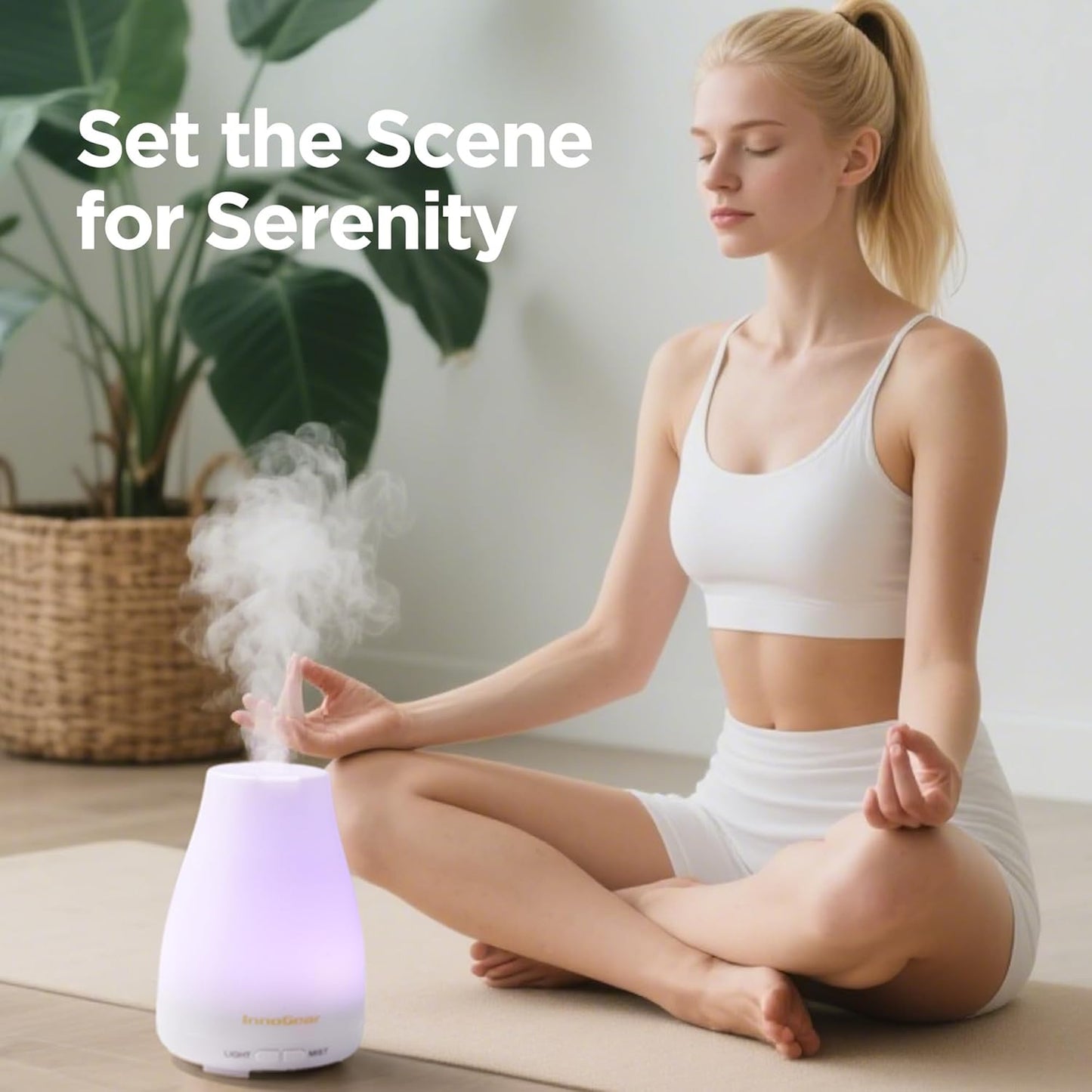 InnoGear Essential Oil Diffuser, Ultrasonic Diffusers for Home Aromatherapy Humidifier for Bedroom Room 7 Colors LED 2 Mist Mode Auto Off, Basic White