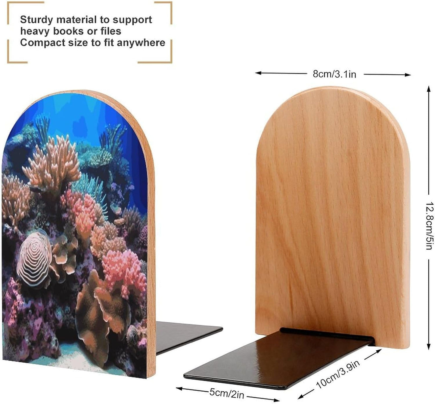 Underwater World Coral Bookends 1 Pair Heavy Duty Book Ends for Shelves Non-Skid Bookend Supports Wooden Book Holders with Metal Base Desk Organizers Books Storage to Hold Books