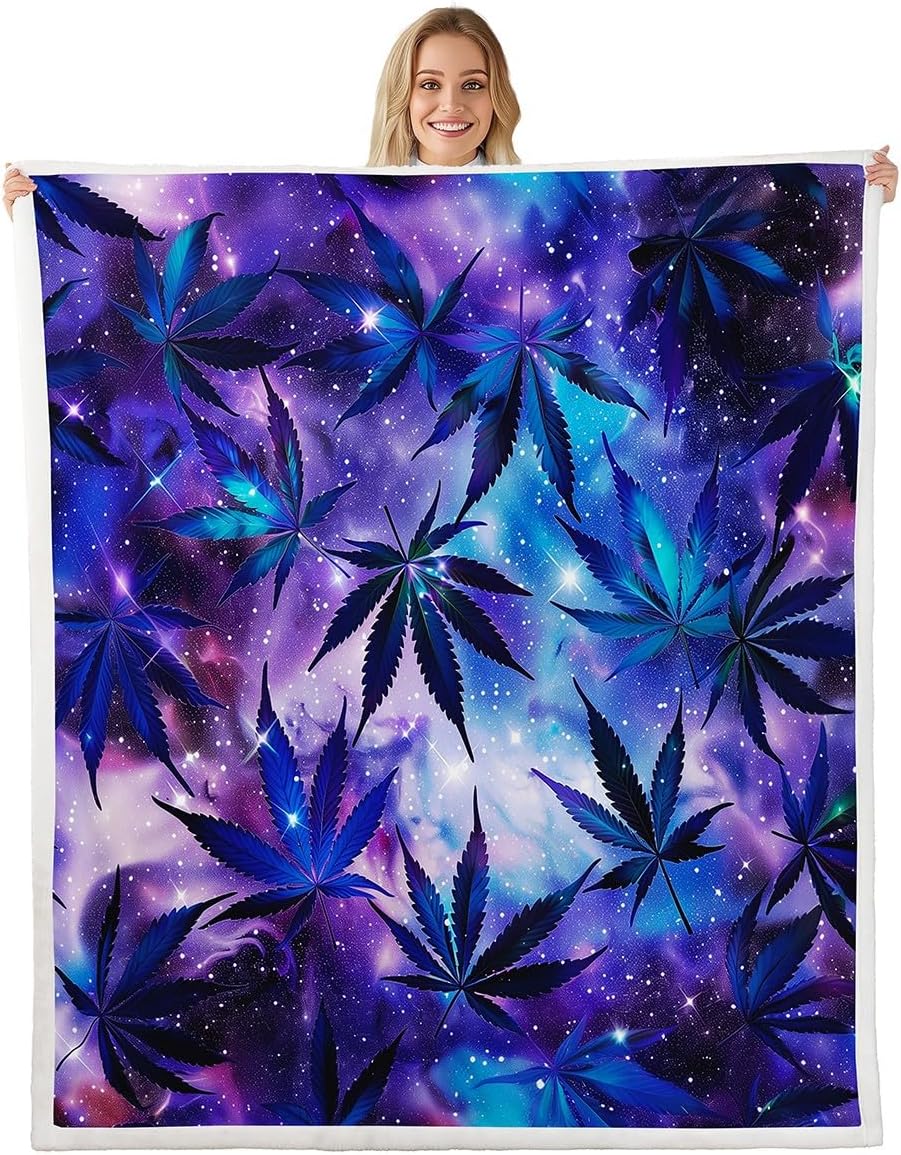 Weed Sherpa Bed Blanket Starry Galaxy Nebula Flannel Fleece Throw Blanket for Sofa Couch Tropical Leaves Plant Ultra Soft Bed Blanket Blue Purple Blanket 90"x90"