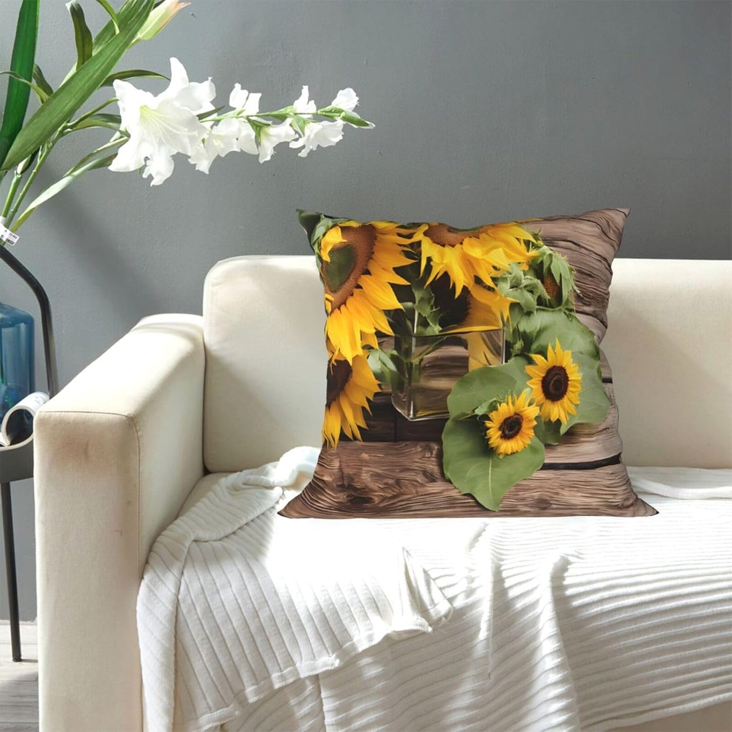 All-Season Square Pillow Covers 18"X18", Three Sunflowers, Decorative Throw Pillow Covers for Sofa Bed Couch, Hidden Zipper Cushion Cover, Square Lumbar & Accent Pillowcases for Home Decor