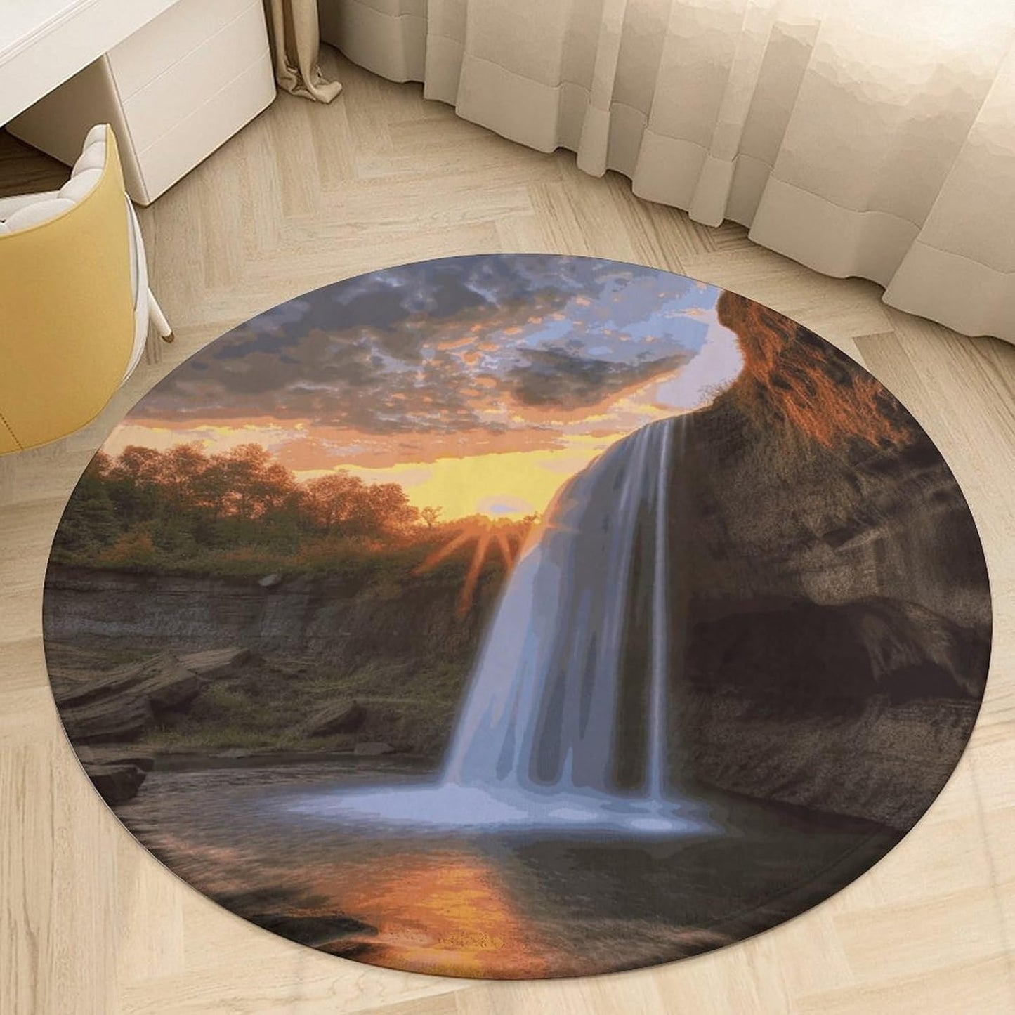 Waterfall at Sunset Circle Rug Retro Luxury Coral Velvet Floor Mat Non Slip Soft Indoor Floor Carpet Comfy Thickened Area Rugs Modern Aesthetic Minimalist Carpets for Home Decor
