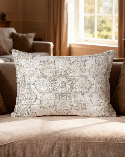 Lumbar Pillow Cover 12x20 – Neutral Boho Medallion Rug Pattern Cushion Cover, Vintage Distressed Beige Throw Pillow Case for Couch, Sofa, Bed, Farmhouse Decor