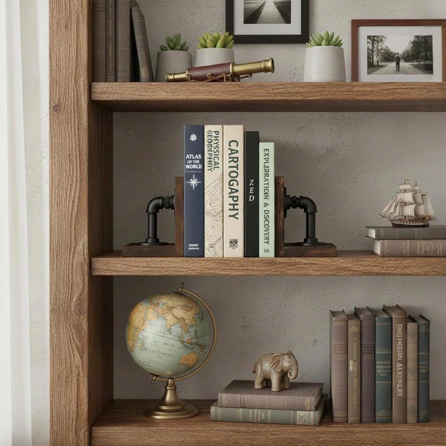 MyGift Book Ends Decorative, Bookends for Shelves, Metal Bookends for Heavy Books, Office Decor for Men, Wood Book Stopper, Realistic Industrial Pipe Design, Dark Brown