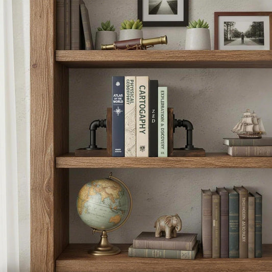 MyGift Book Ends Decorative, Bookends for Shelves, Metal Bookends for Heavy Books, Office Decor for Men, Wood Book Stopper, Realistic Industrial Pipe Design, Dark Brown