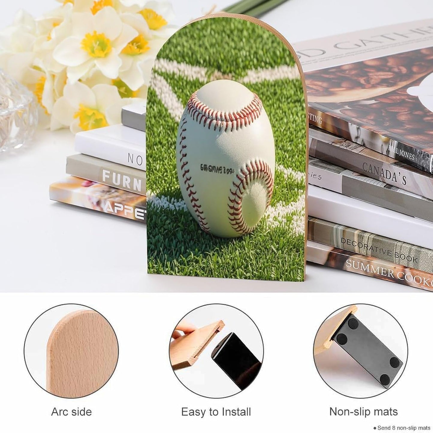 Green Baseball Field Backdrop Bookends 1 Pair Heavy Duty Book Ends for Shelves Non-Skid Bookend Supports Wooden Book Holders with Metal Base Desk Organizers Books Storage to Hold Books