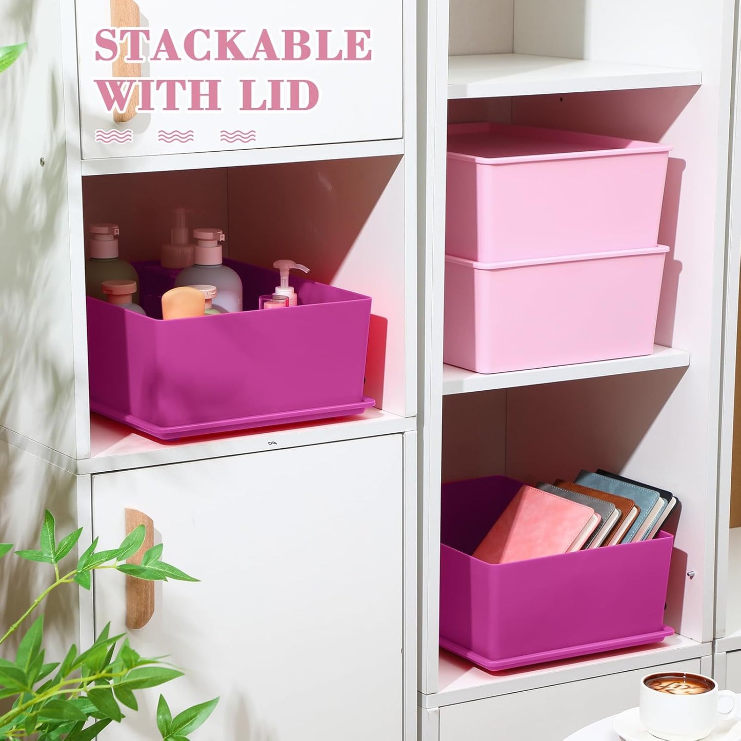 Menkxi 4 Pcs Storage Bins with Lids Plastic Stackable Containers for Organizing Shelves Christmas Ornament Box Baskets(Dark Pink, Light Pink,Large)