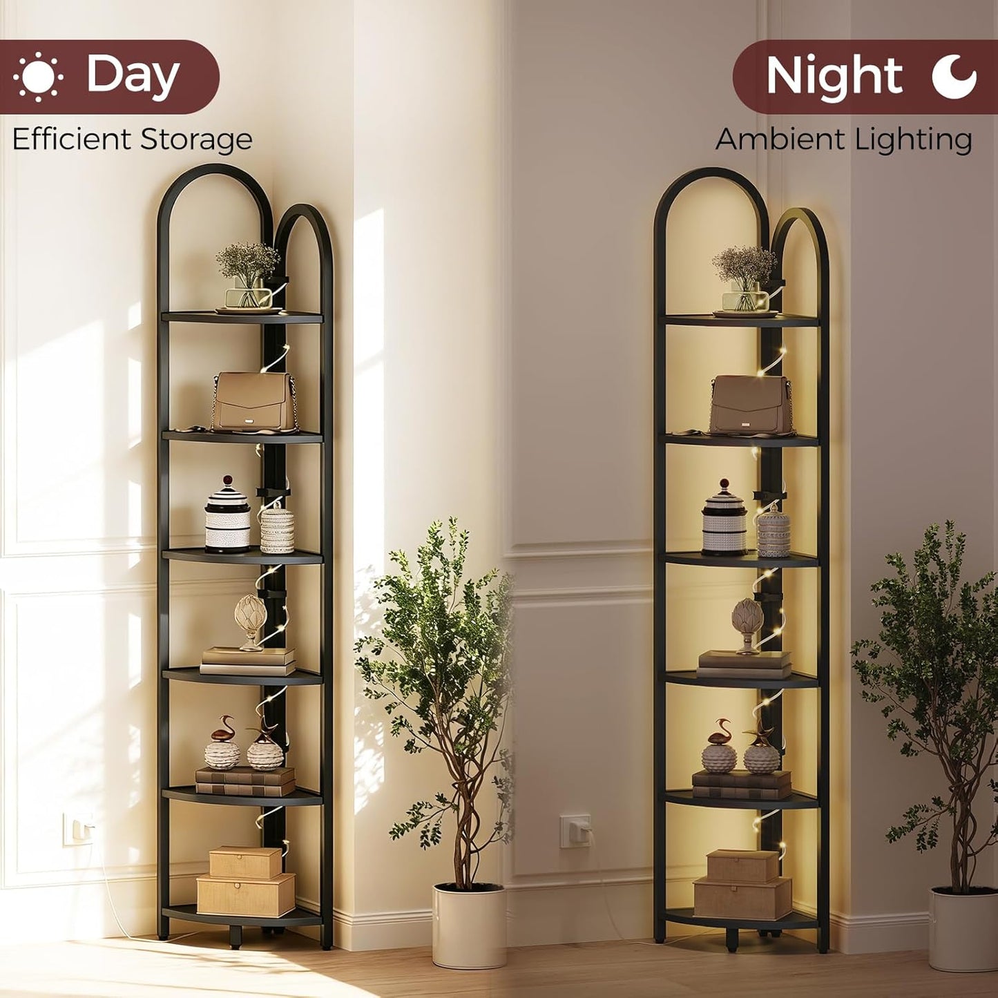 6 Tier Corner Shelf with LED Light, 74.6'' Tall Corner Bookshelf Stand, Narrow Display Bookcase with Storage Rack for Wall Corner, Living Room, Bedroom, Small Spaces, Black CSBK66101