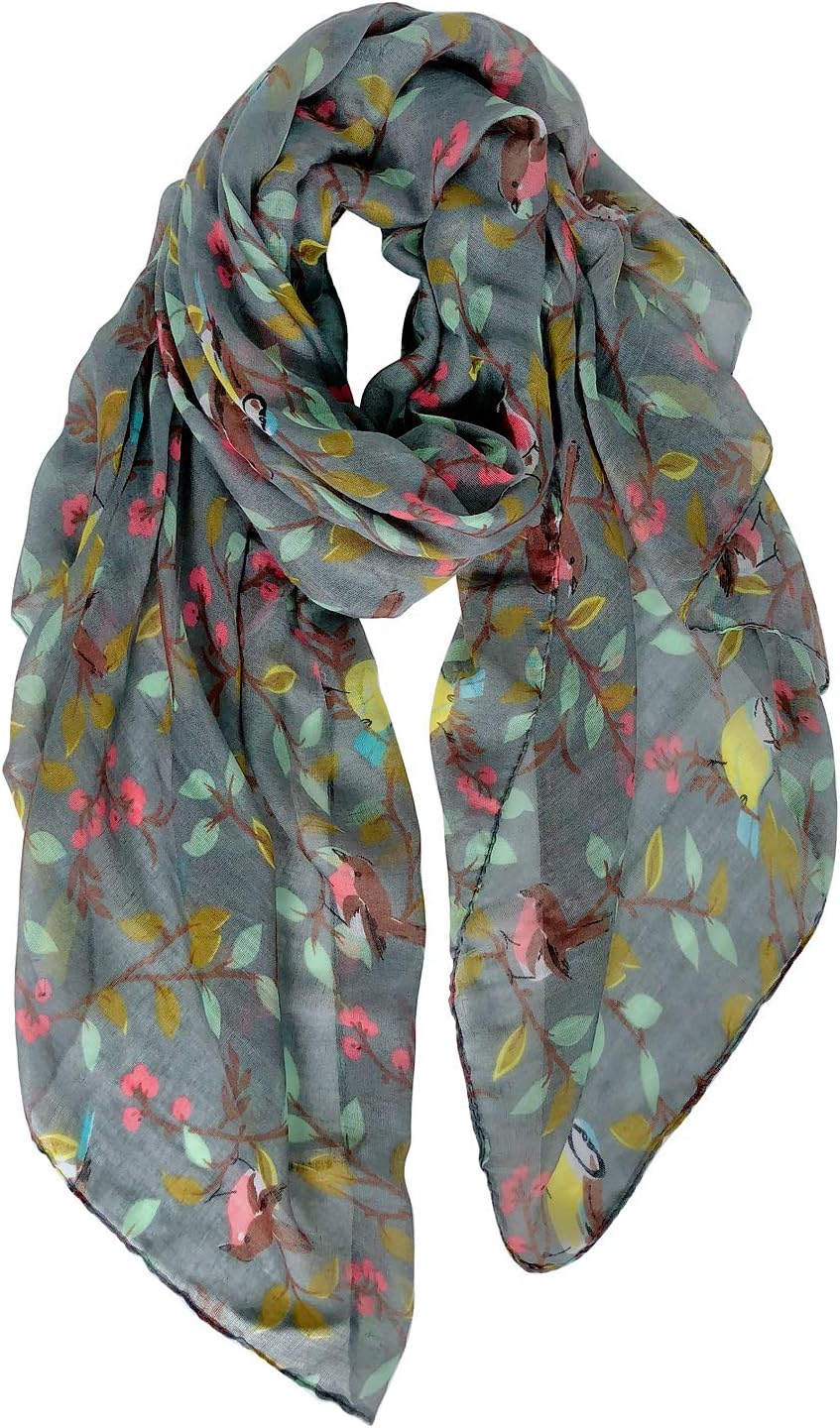 GERINLY Scarfs for Women Lightweight Floral Birds Print Cotton Scarves and Wraps for Spring Shawl Boho Scarf