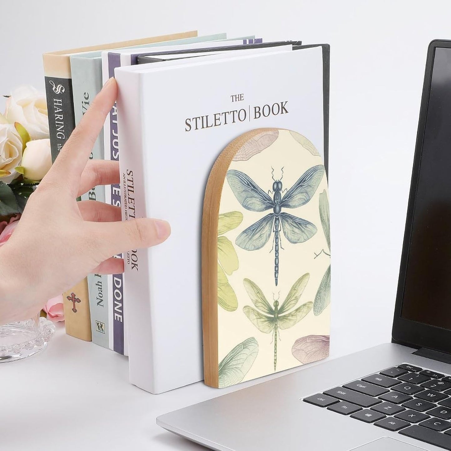 Dragonfly Drawing Bookend for Shelves Wooden Book End Large Size Sturdy Book Holders Stoppers with Metal Base for Bookshelves Slick Decorative Bookends Stands