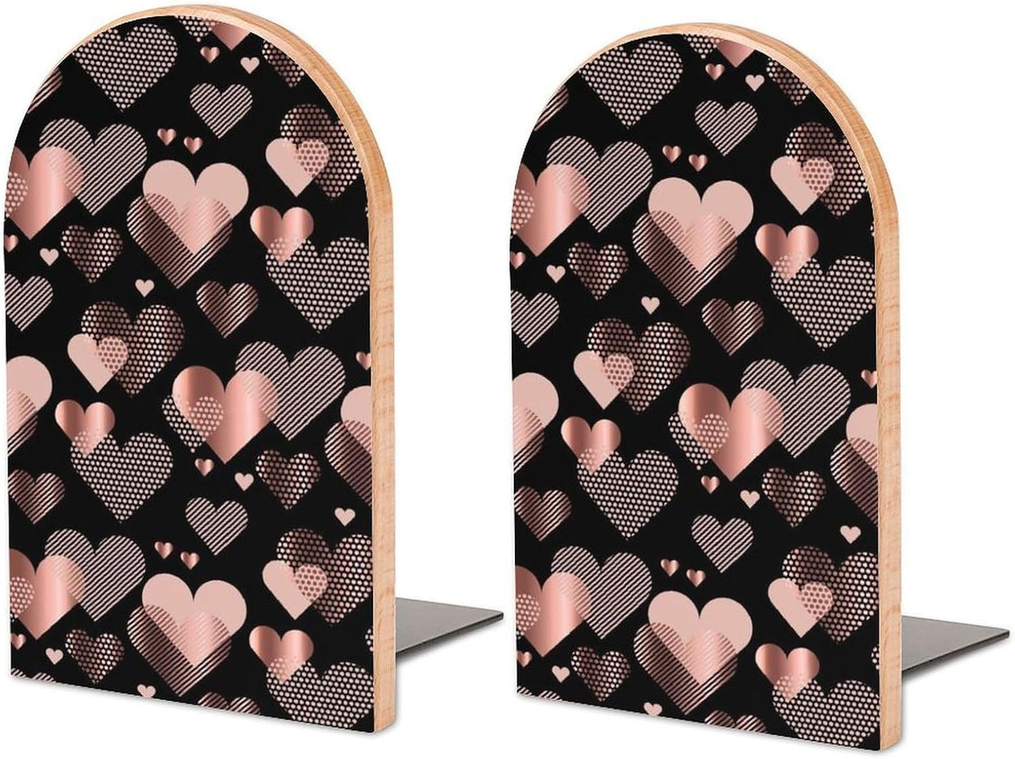 Rose Gold Love Heart Wooden Bookend Non-Slip Book Ends Heavy Duty Book Stopper with Metal Base Books Holderd Decorative Bookends Stands Firmly for Office Supplies