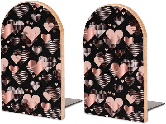 Rose Gold Love Heart Wooden Bookend Non-Slip Book Ends Heavy Duty Book Stopper with Metal Base Books Holderd Decorative Bookends Stands Firmly for Office Supplies