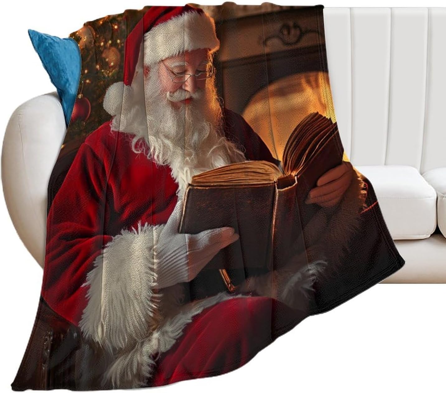 Santa Reading Book Printed Throw Blanket Cozy Flannel Blankets Lightweight for Couch Sofa Bed Decor Santa Reading Book