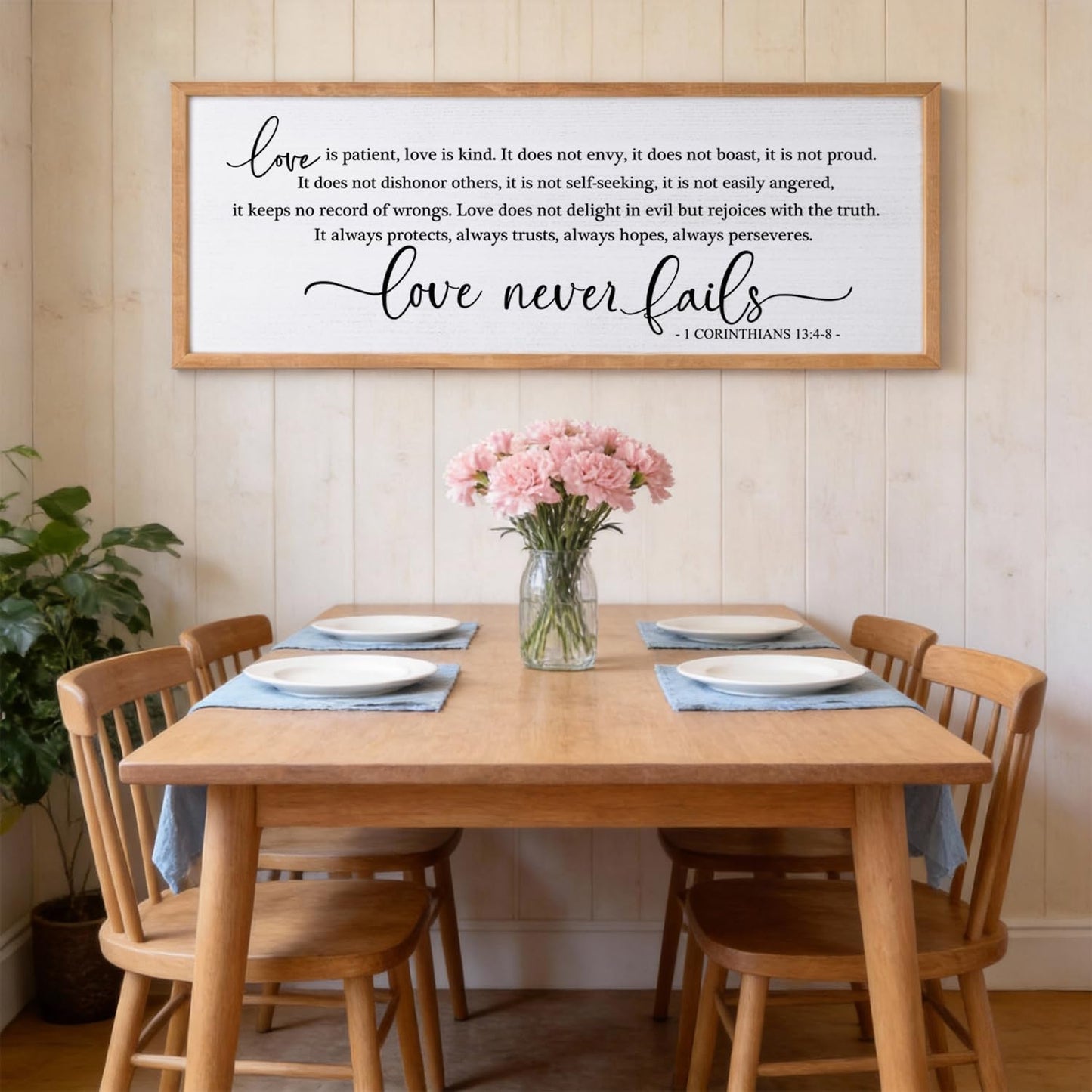 Love Is Patient Love Is Kind Wall Art – 32x12 Inch Framed Inspirational Scripture Sign, Wooden Christian Home Decor with 1 Corinthians 13 Message for Living Room, Bedroom, Wedding Gift