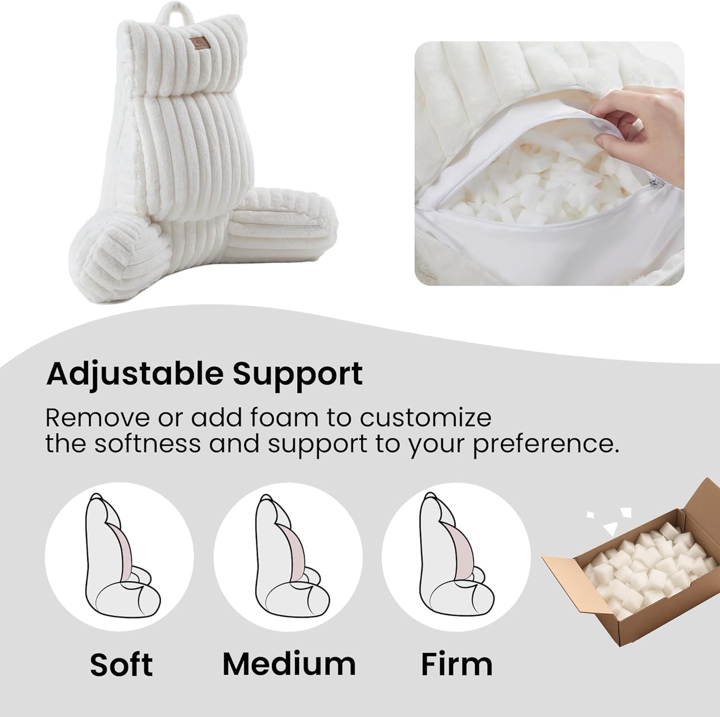 Amélie Home Faux Fur Reading Pillow with Pocket for Sitting in Bed, Adult Backrest Bed Pillow with Washable Cover for Lounging, Watching TV/Gaming/Resting/Post/Surgery/Nursing, Ivory, 29 inches