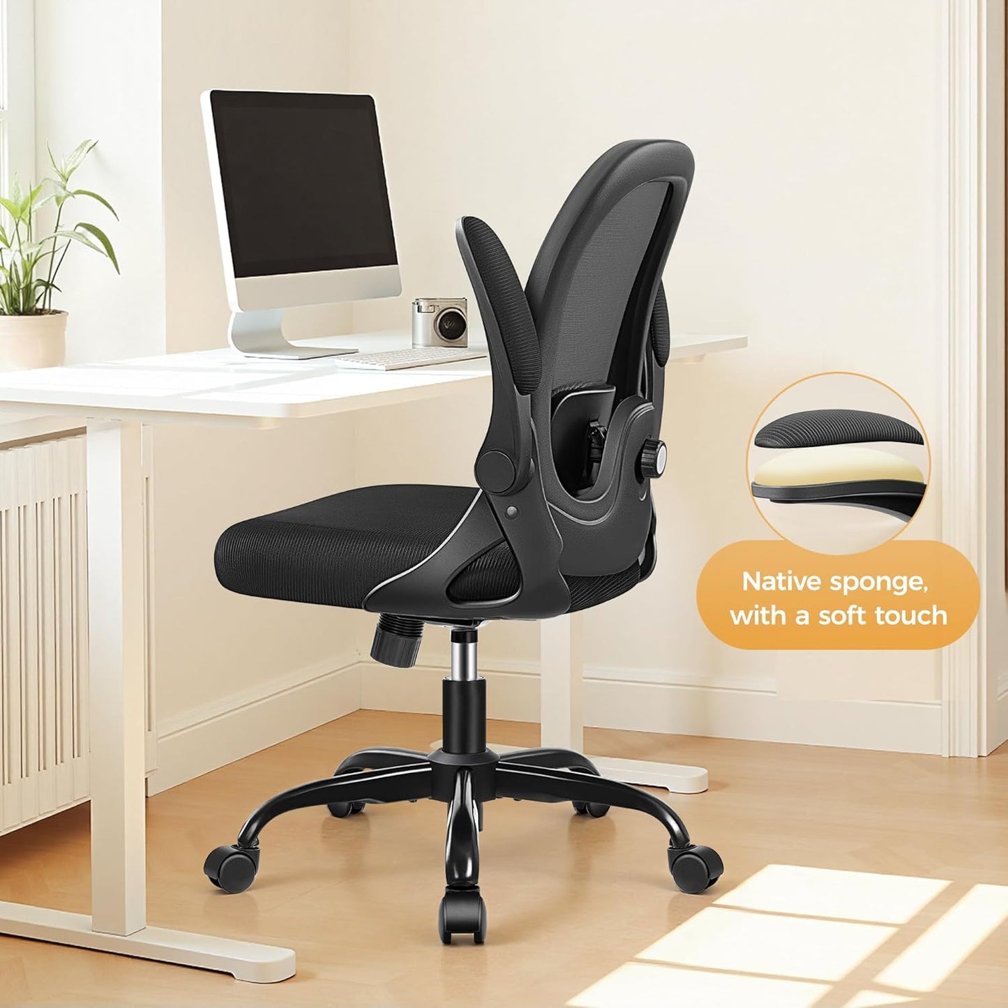 Primy Desk Chair Ergonomic Office Chair with Adjustable 3D Lumbar Support and Height, Comfy Mesh Computer Chair with Flip-up Armrests, Swivel Rolling Task Chair with Wheels for Home Office (Black)