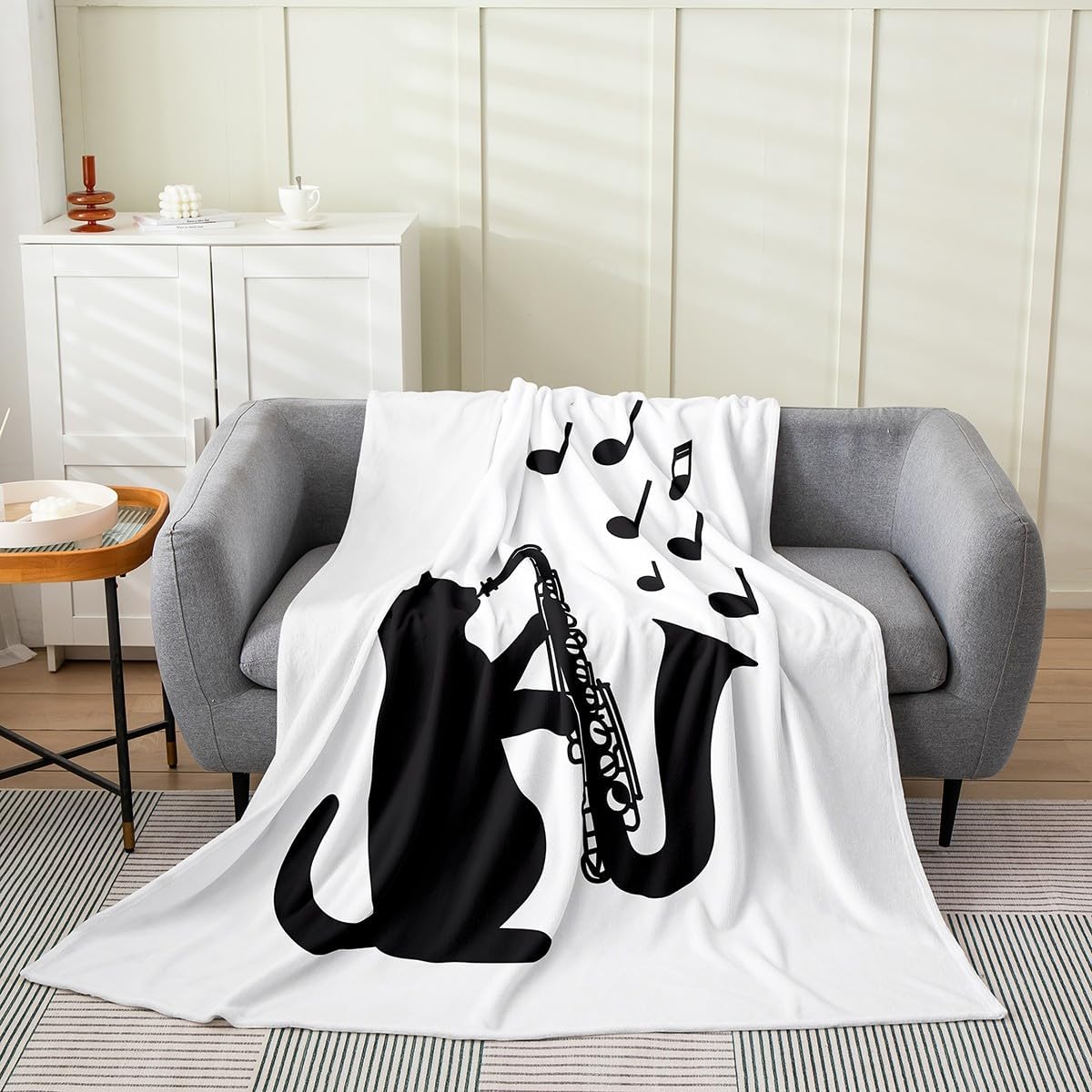 Erosebridal Black Cat Throw Blanket,Saxophone Music Theme Fleece Blanket 40x50,Musical Notes Blanket,Black White Fuzzy Blanket Musical Instrument Kids Boys Girls Bed Blanket