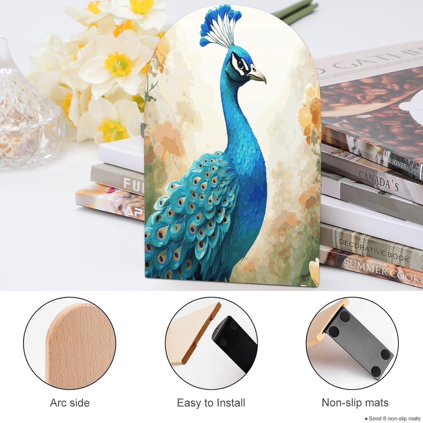 Non-Slip Bookend for Shelves Cartoon Blue Peacock Wooden Bookends with Metal Base Decorative Book Stopper for Home Heavy Duty Wood Book Storage for Books/CDs