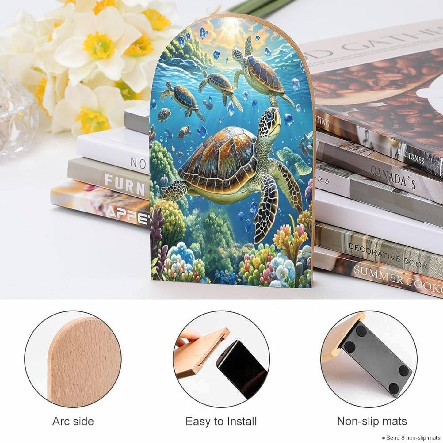 Sea Turtles Diamond Painting Bookends 1 Pair Heavy Duty Book Ends for Shelves Non-Skid Bookend Supports Wooden Book Holders with Metal Base Desk Organizers Books Storage to Hold Books