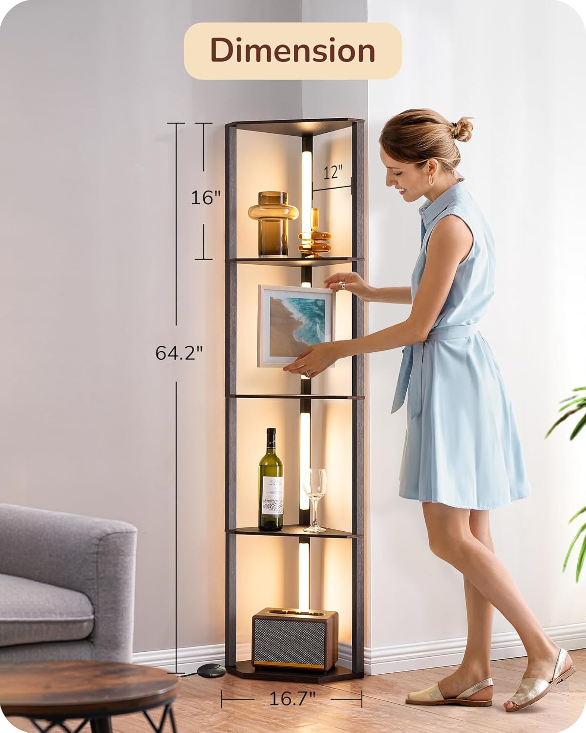 EDISHINE 64" Corner Shelf Floor Lamp for Living Room, Modern LED Corner Light with Shelves, 3CCT, Stepless Dimmable Tall Floor Light for Bedroom, Office, Dining Room, 3000K 4000K 5000K, Black Walnut