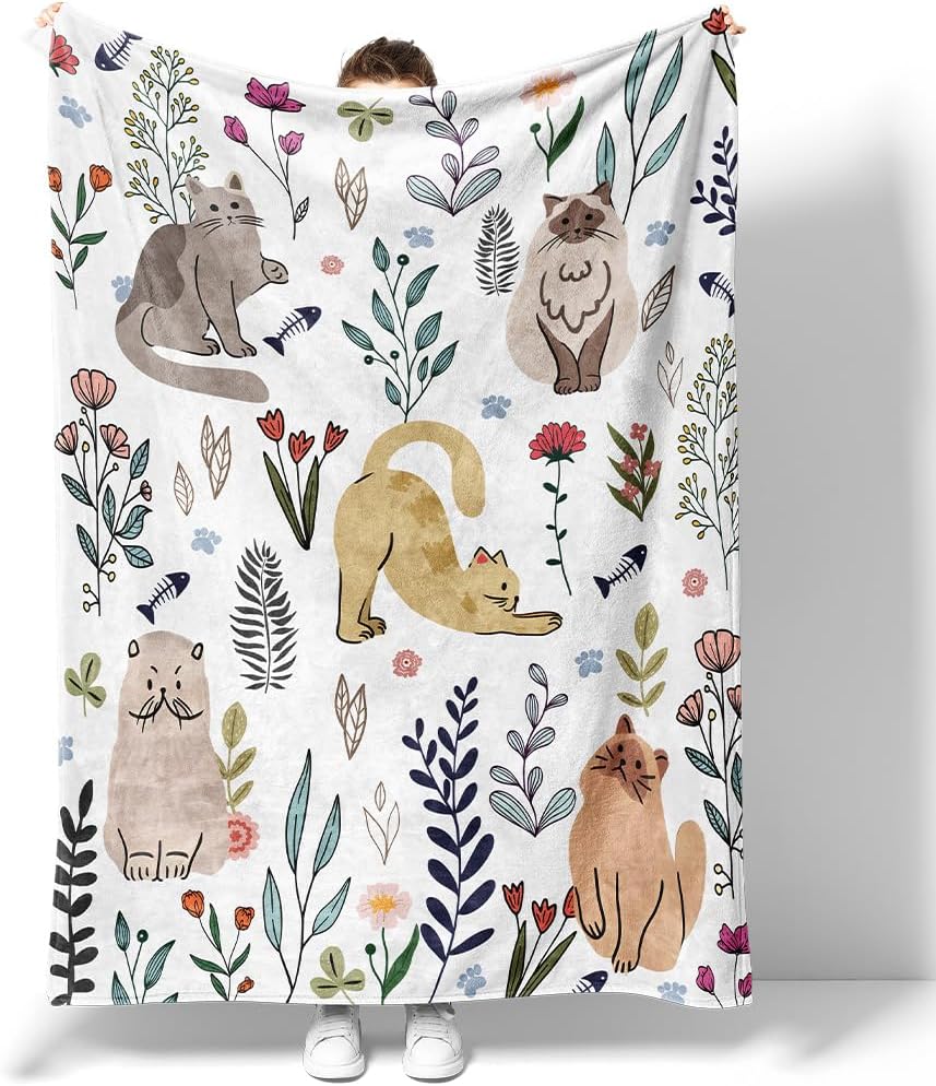 Cat Throw Blanket Floral Flower Throw Blankets Gift for Cat Lover Throw Blanket Cats Themed Flannel Cozy Fuzzy Plush Throw Blankets for Bed Chair Couch 60" X 80"