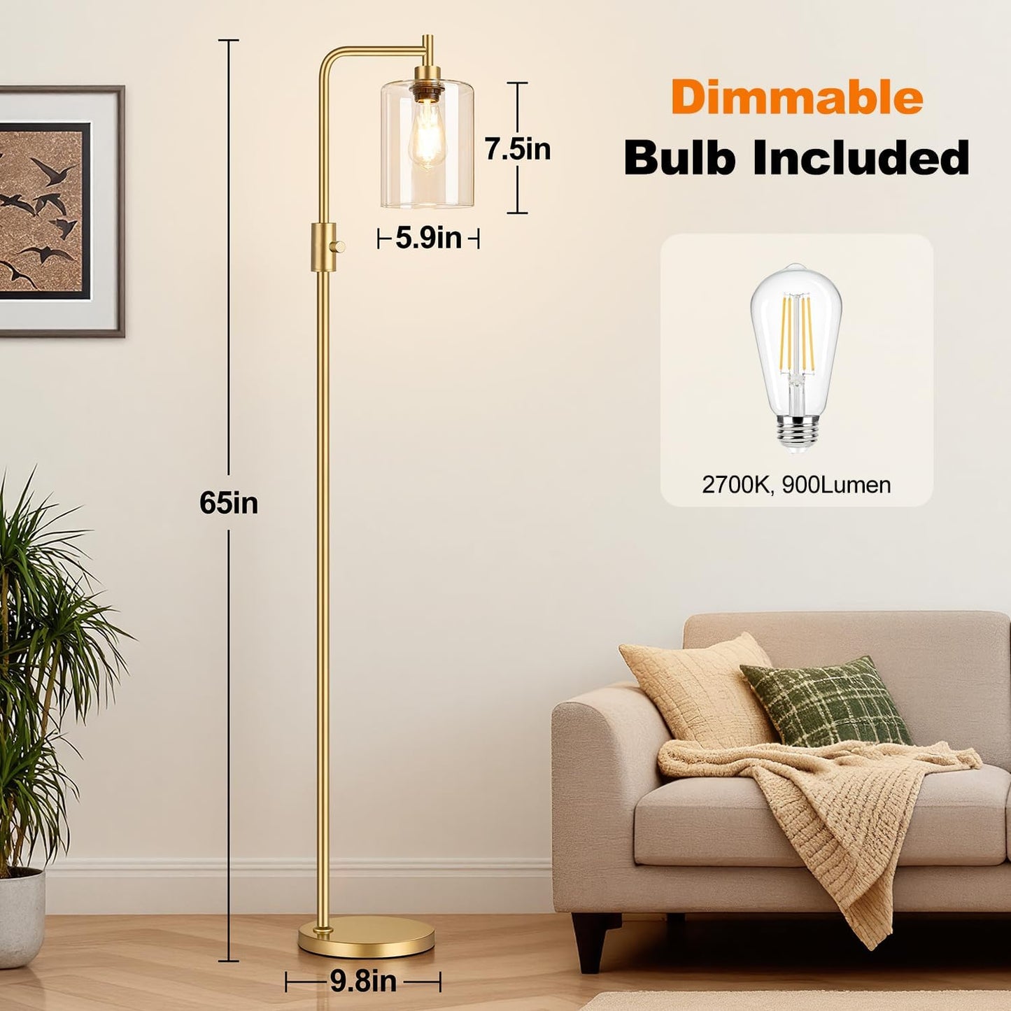 【Upgraded】Dimmable Gold Floor Lamp for Living Room with Clear Glass Lampshade, Glass Modern Floor Lamp with 900LM Edison Bulb Included, Standing Tall Lamp for Bedroom, Office, Reading Room, Corner