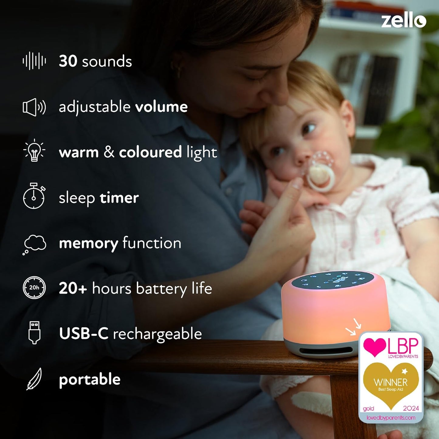 Zello | Original White Noise Machine for Babies & Adults | 30 Sounds | 7 Colour Night Light | Sleep Timer | USB Rechargeable | White Noise Machine Baby | Sleep Aid