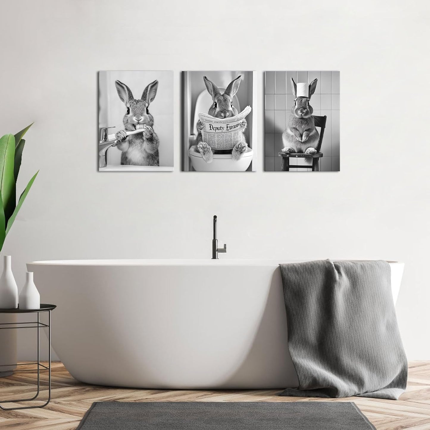 PoGoXiPoYo 3 Pieces Bunny Wall Art Canvas Prints Black and White Cute Rabbit Reading on Toilet Brush Teeth Bathroom Wall Decor Modern Artwork for Restroom 12"x16"x3