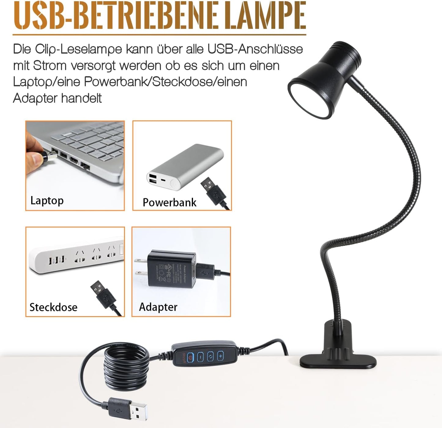 Clip Desk Lamp, USB Reading Light, Flexible Neck Led Clamp Light with 3 Color Temperature Options, 10 Dimmable Brightness Levels for Working, Studying (8W)