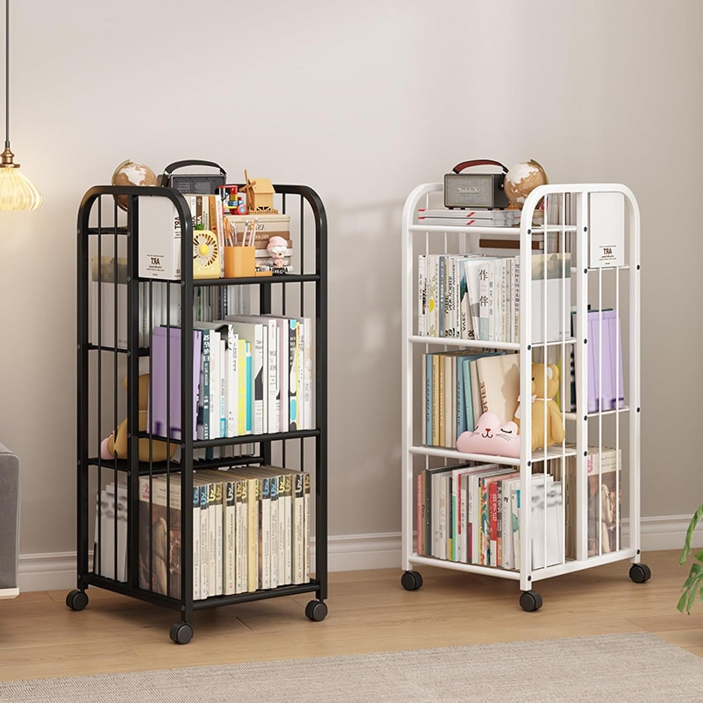 SEIFE Open Floor-to-Ceiling Invisible Bookshelf，Movable Creative Iron Storage Rack，Metal Tall Narrow Ladder Bookshelf,Tall Metal Bookcase Bookshelf with Wheels(White,124cm/48.8in)