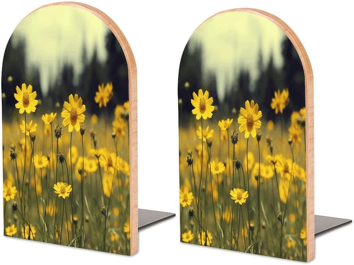 Summer Yellow Flowers Bookend for Shelves Wooden Book End Large Size Sturdy Book Holders Stoppers with Metal Base for Bookshelves Slick Decorative Bookends Stands