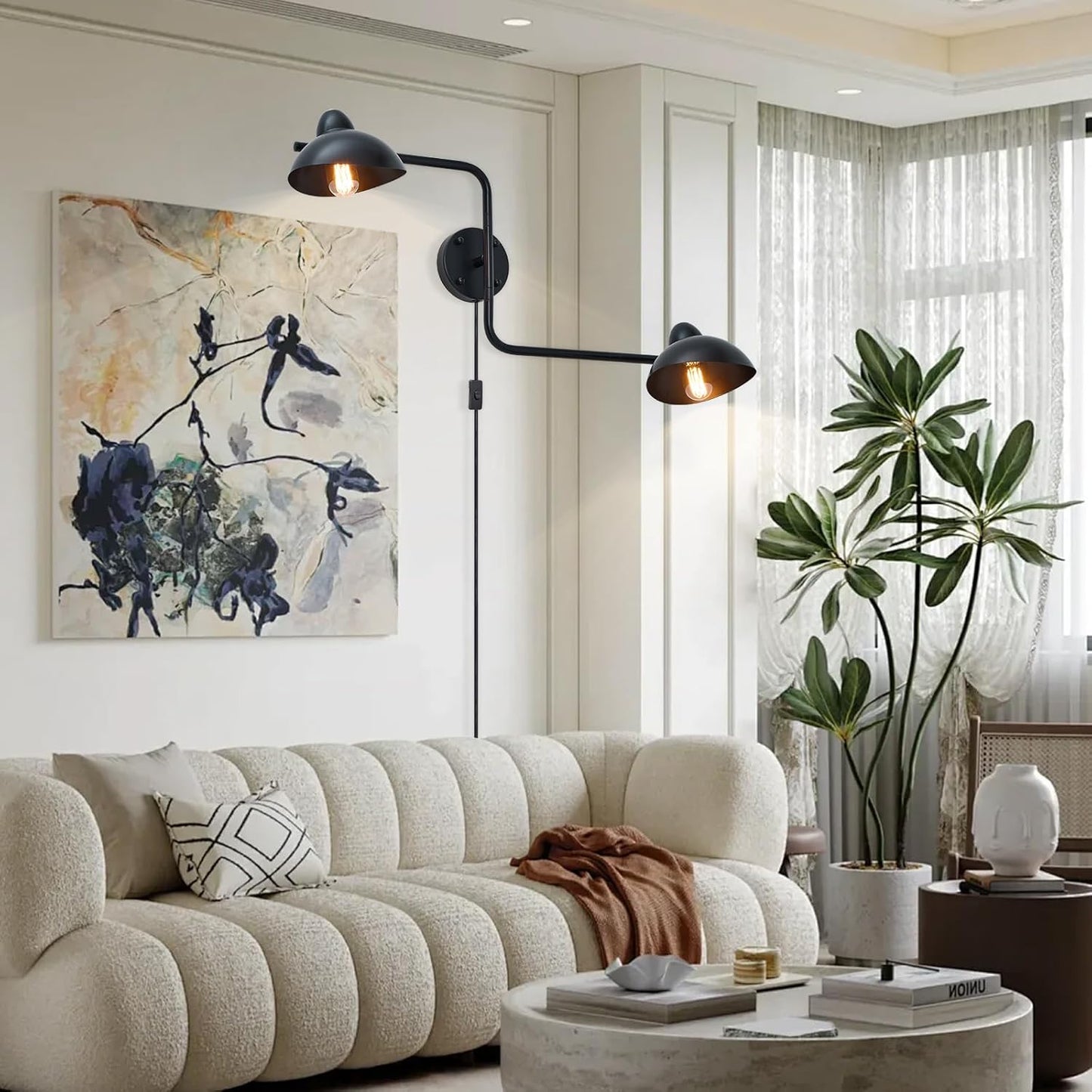 Adjustable Black Swing Arm Wall Sconce, 2-Light Plug in Wall Lamps with ON/Off, Rotatable Metal Dome Shades Wall Mount Lighting Fixture for Living Room Bedroom Study