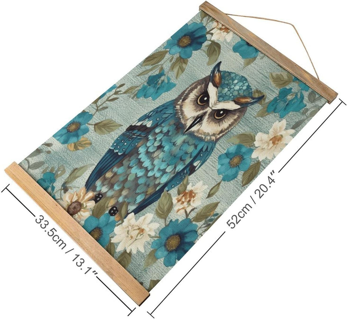 Vintage Owl Spring Flowers Turquoise Poster with Wooden Frame Personalized Linen Hanging Scroll Painting Rustic Wall Hanging Illustrative Modern Artwork Decor for Home Living Room Bedroom Office