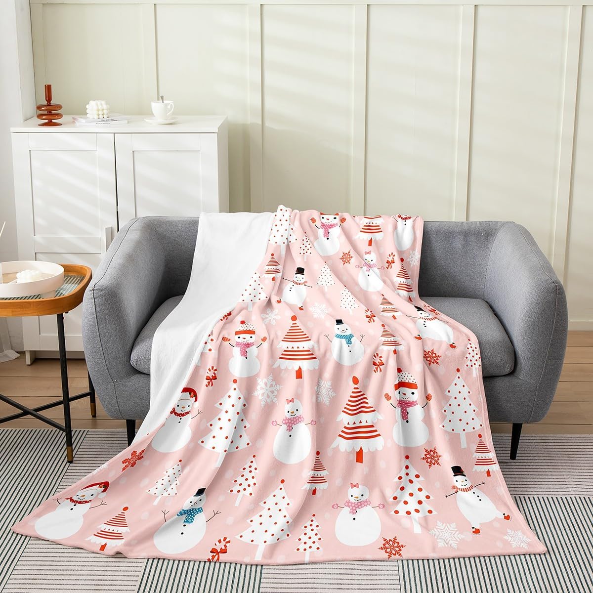 Feelyou Christmas Kids Plush Throw Blanket Cartoon Snowman Bedding All Season Bed Blanket Set for Sofa Couch Christmas Tree Decor Flannel Fleece Blanket Set Pink Dots Xmas Theme Bedroom Queen 90"x90"