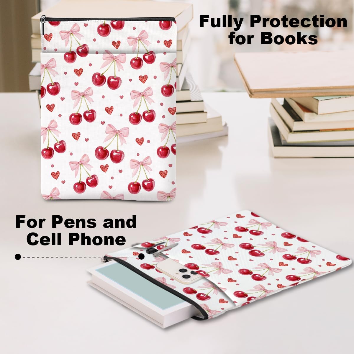 Cherry Bows Decor Book Lovers Gifts Waterproof Book Sleeve Books Pouch Books Protector with Zipper and Front Pocket Bookish Gifts Cover Case for Women Girl Friend Reader Reading Accessories
