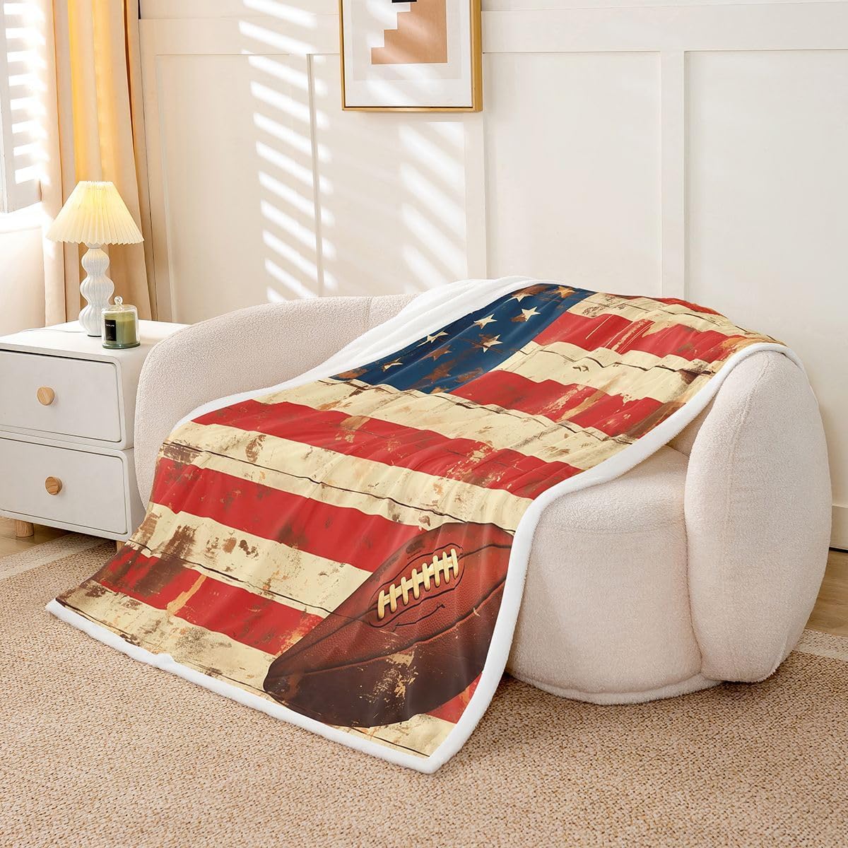 Feelyou Football Throw Blanket American Flag Print Soft Fleece Sherpa Cozy Fuzzy Plush Warm Faded Flag Texture Fuzzy Plush Throw Sports Twin 60"x80" Classic Rugby Design for Bed Couch Living Room