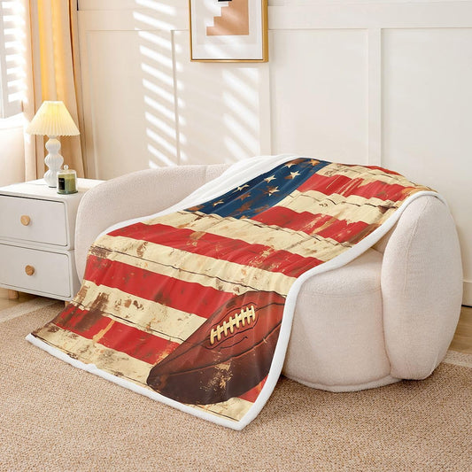 Feelyou Football Throw Blanket American Flag Print Soft Fleece Sherpa Cozy Fuzzy Plush Warm Faded Flag Texture Fuzzy Plush Throw Sports Twin 60"x80" Classic Rugby Design for Bed Couch Living Room