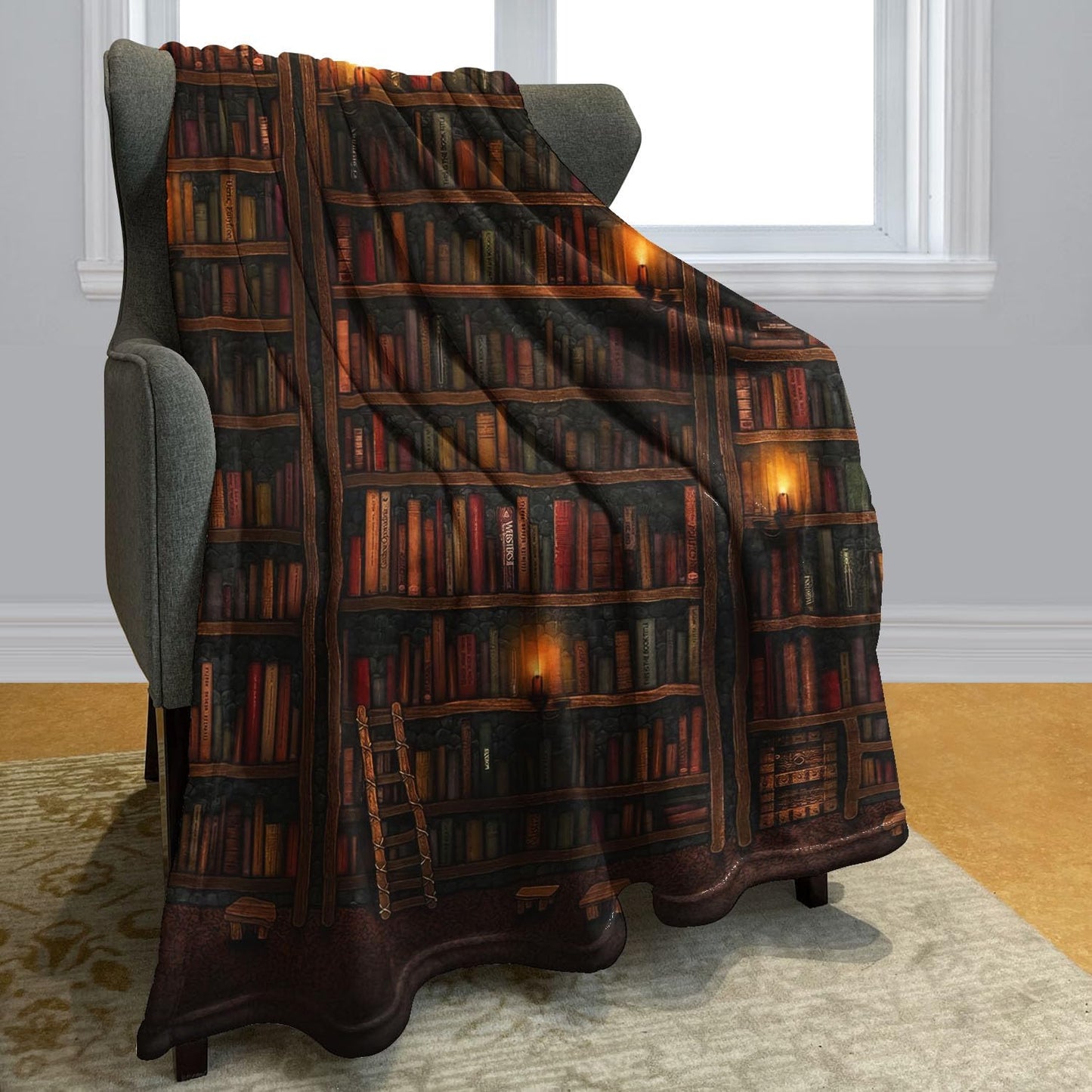 Bookish Reading Blanket Soft Warm Flannel Plush Throw Blankets for Book Lovers Gift Ideas, Vintage Library Bookshelf Candle Ladder, 50 x 80 Inch