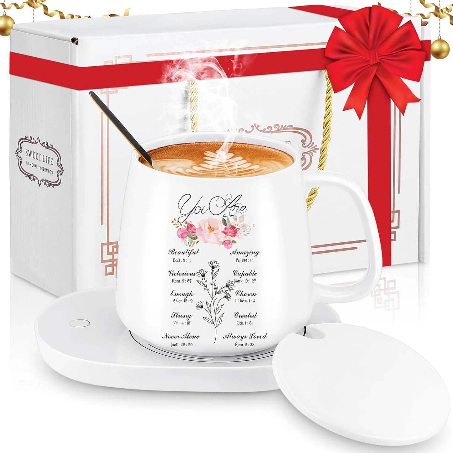 Suclain Christian Coffee Mug with Warmer Set for Women 13.5 oz Coffee Cup Mug Warmer for Desk Inspirational Electric Cup Warmer with Auto Shut Off for Home Office Mother Teacher Gifts(Elegant)