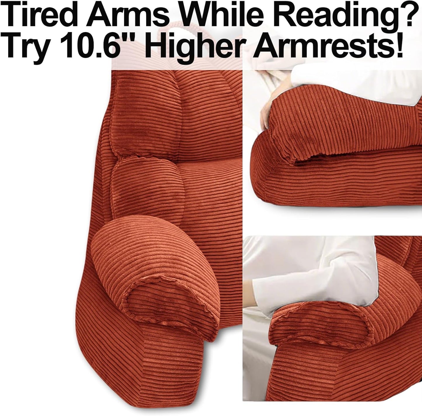 RRPAHWTV Reading Pillow for Bed with High Arm Rests,Back Support Pillow for Sitting Up in Bed with Shredded Memory Foam for Reading, TV, Gaming or Relaxing on Floor（Bright Orange，Large）