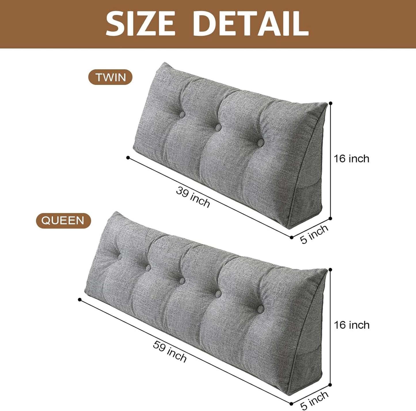 Headboard Pillow Queen, Triangle Wedge Pillow for Bed, Reading & Sitting Support, Backrest Cushion with Removable Cover, Comfortable Daybed Pillow for Bedroom, Dorm, or Sofa – Light Gray Linen Fabric