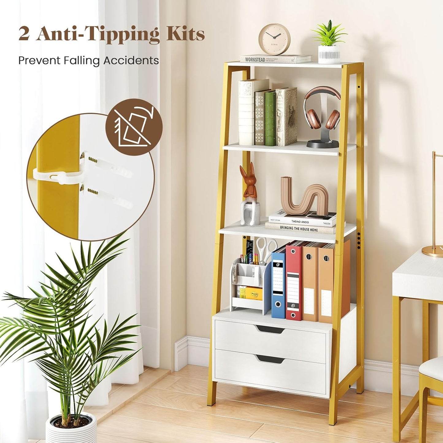 HOMGX 52.5” Tall Ladder Shelf, Industrial Freestanding Bookshelf with 2 Drawers, Heavy-Duty Metal Storage Shelving Unit for Living Room, Bedroom, Office, Study (White & Gold)