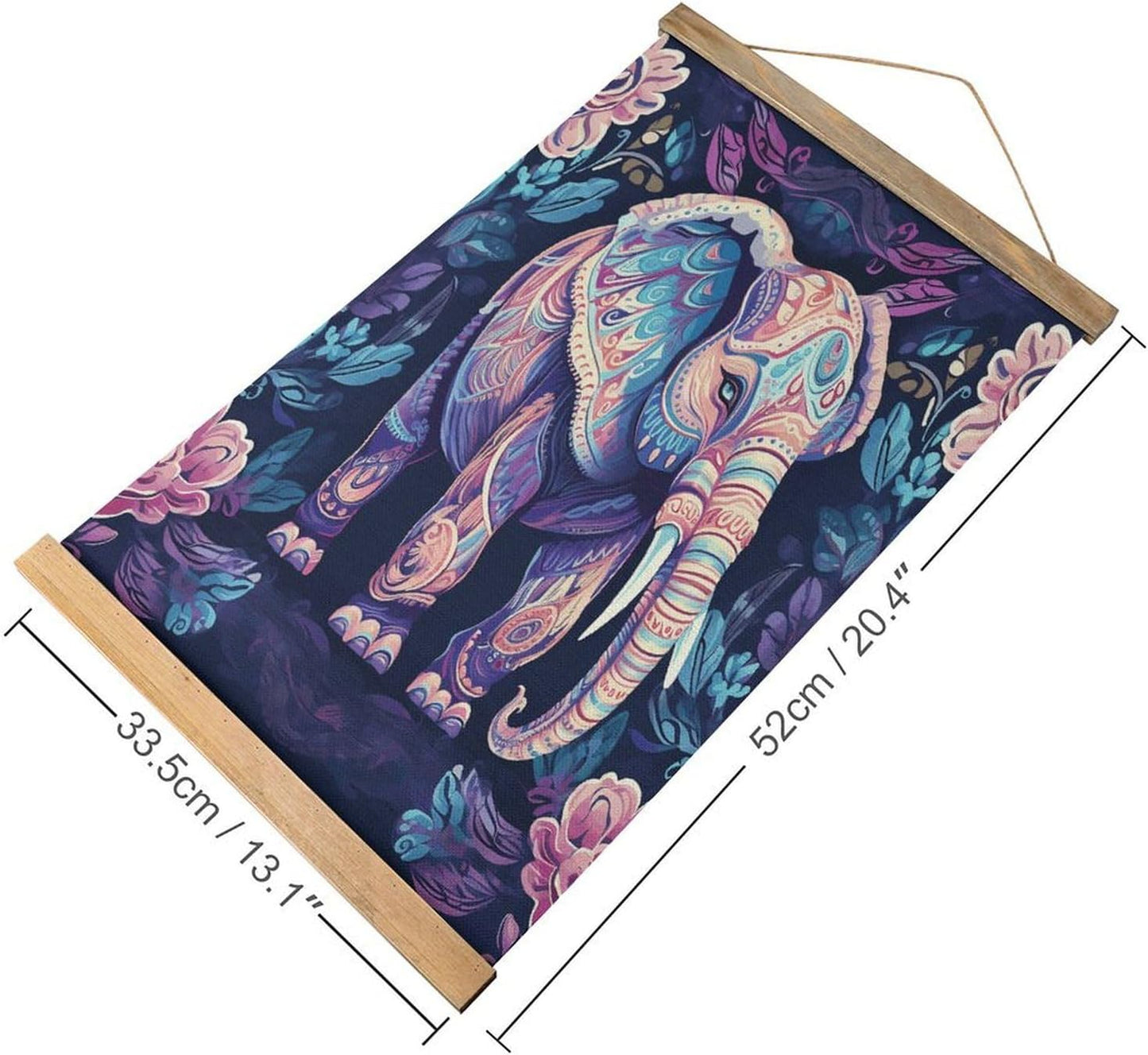 Vintage Purple Elephant Poster with Wooden Frame Personalized Linen Hanging Scroll Painting Rustic Wall Hanging Illustrative Modern Artwork Decor for Home Living Room Bedroom Office