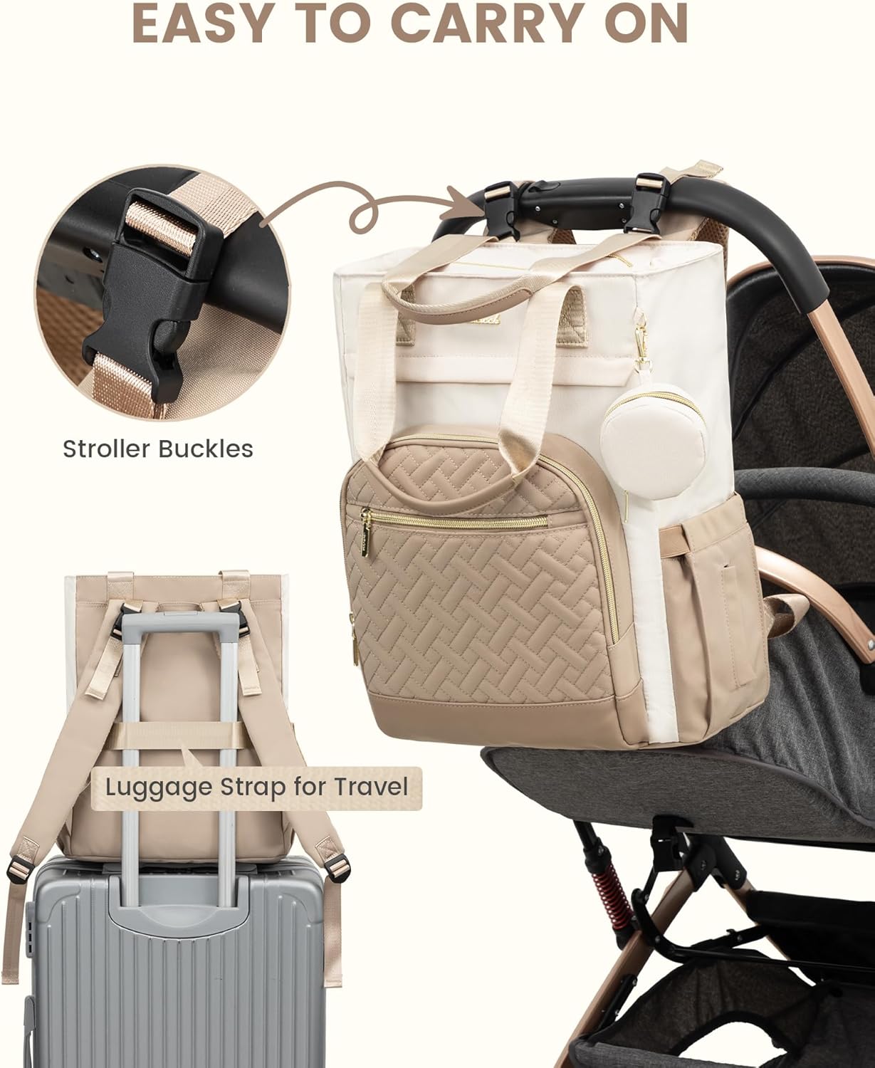 LOVEVOOK Diaper Bag Backpack, Large Capacity Portable Baby Bag with Foldable Diaper Changing Pad, Waterproof Baby Diaper Bags Gift for Mon Dad, Ivory Khaki